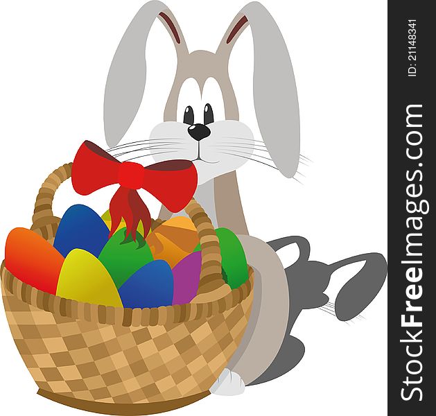 Shy easter rabbit sits near the basket with colorfull eggs