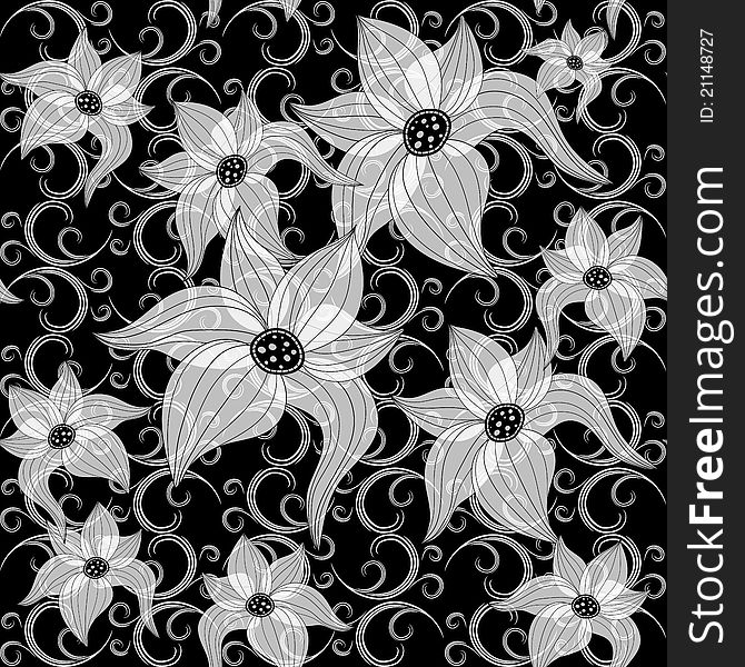 Black and white seamless floral pattern with flowers and curls. Black and white seamless floral pattern with flowers and curls