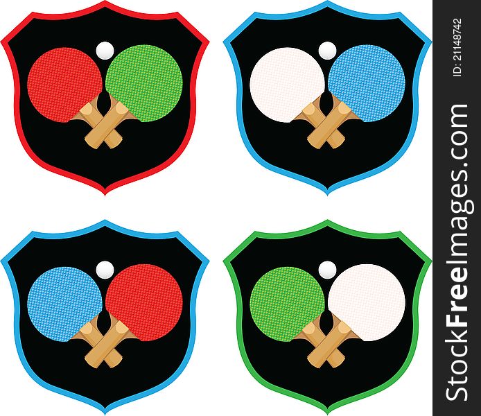 Badge emblems featuring ping pong equipment in a variety of colors. Badge emblems featuring ping pong equipment in a variety of colors.