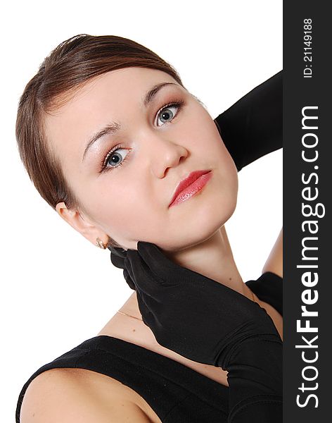 Portrait of the beautiful girl with black gloves isolated on white background