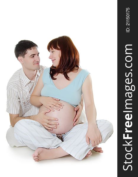 Happy pregnant couple on white background