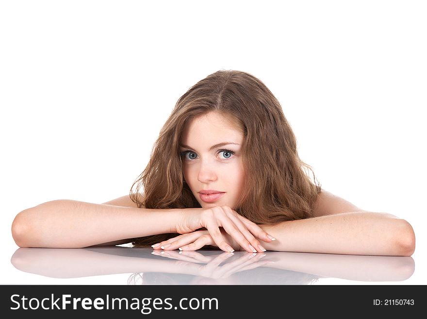 Portrait of beautiful young woman with long curly brown hair. Portrait of beautiful young woman with long curly brown hair