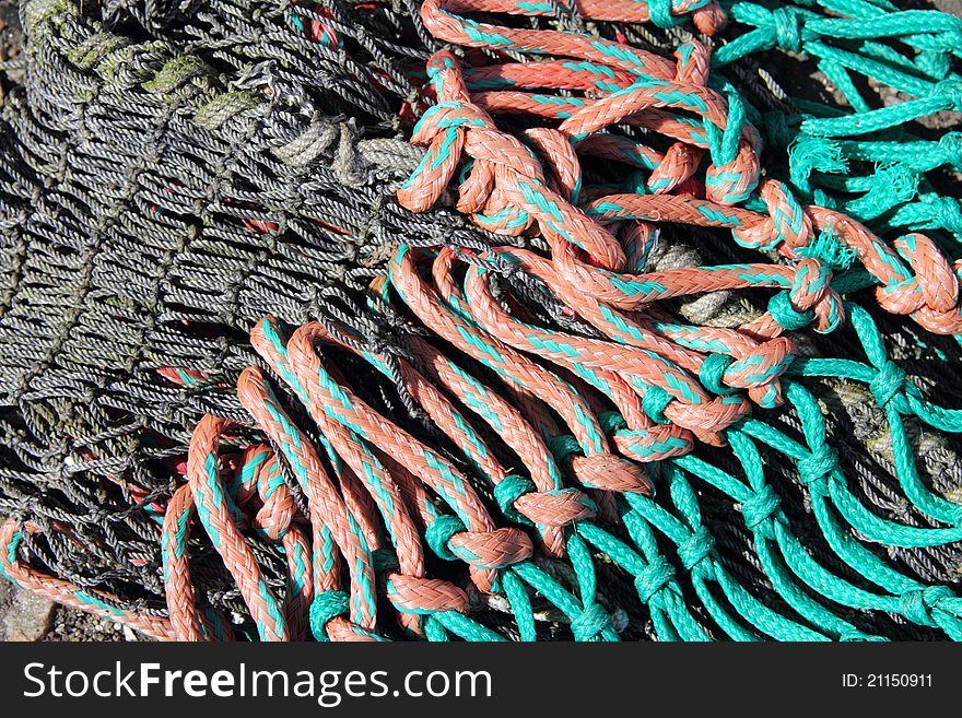 Fishing nets on pier at Burghead harbour, Moray, scotland