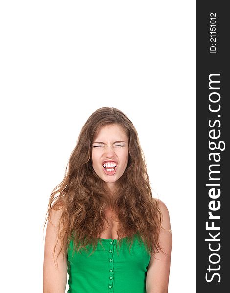 Portrait of attractive depressed teenage girl cry closed eyes and open mouth, isolated over white background