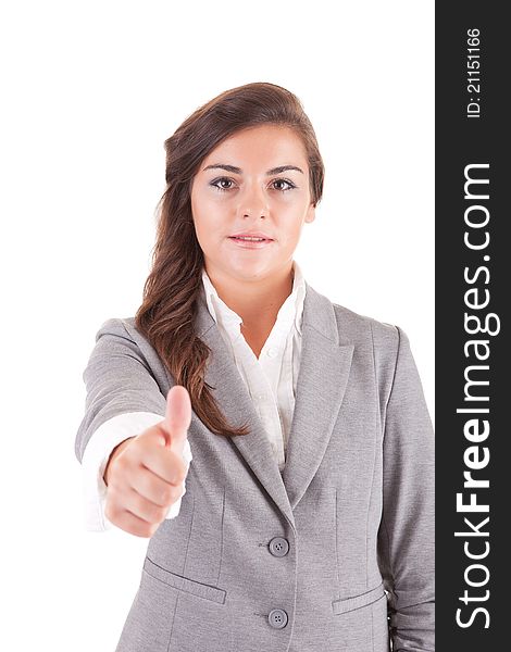 Young business woman showing thumbs up, isolated over white