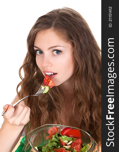 Portrait of young smile beautiful woman eating vegetable salad. Portrait of young smile beautiful woman eating vegetable salad