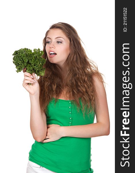 Portrait of happy young woman hold green fresh leaf of raw fennel coriander parsley in hand, isolated on white background. Portrait of happy young woman hold green fresh leaf of raw fennel coriander parsley in hand, isolated on white background
