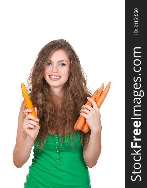 Portrait of young happy smiling woman hold orange fresh raw carrot in hand isolated on white background. Portrait of young happy smiling woman hold orange fresh raw carrot in hand isolated on white background