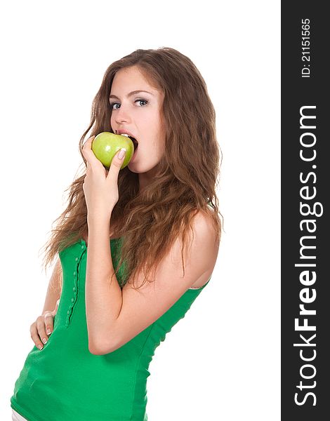 Portrait of happy smiling woman hold green fresh apple in hand. Portrait of happy smiling woman hold green fresh apple in hand