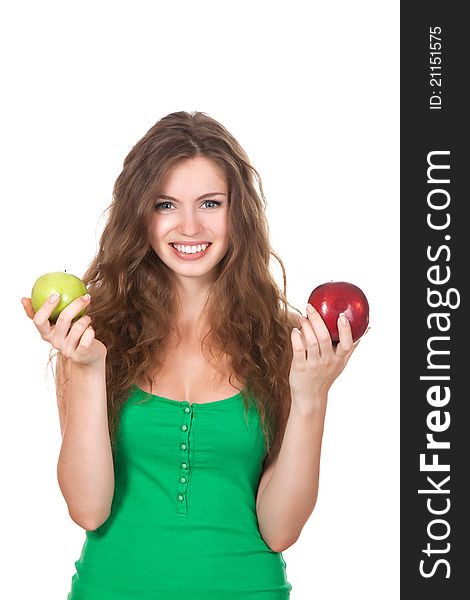 Portrait of happy smiling woman hold two fresh apple in hands green and red. Portrait of happy smiling woman hold two fresh apple in hands green and red