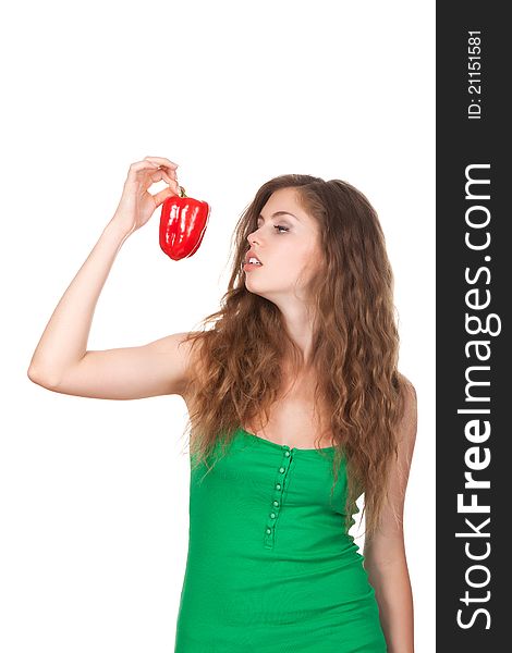 Portrait of young happy smile woman hold red fresh raw pepper in hand. Portrait of young happy smile woman hold red fresh raw pepper in hand