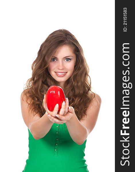 Portrait of young happy smile woman hold red fresh raw pepper in hand. Portrait of young happy smile woman hold red fresh raw pepper in hand