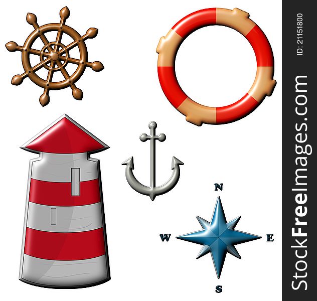 Marine set - lighthouse, life preserver, anchor, wind rose