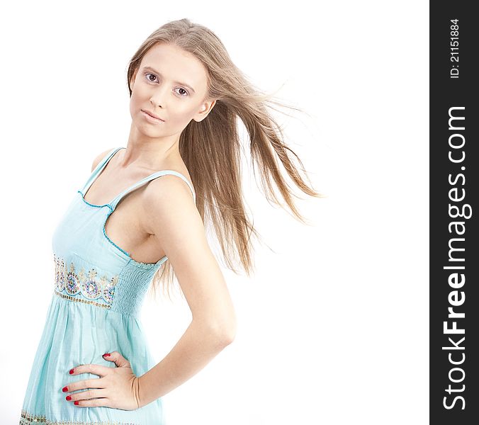 Photo of beautiful woman with magnificent hair over white