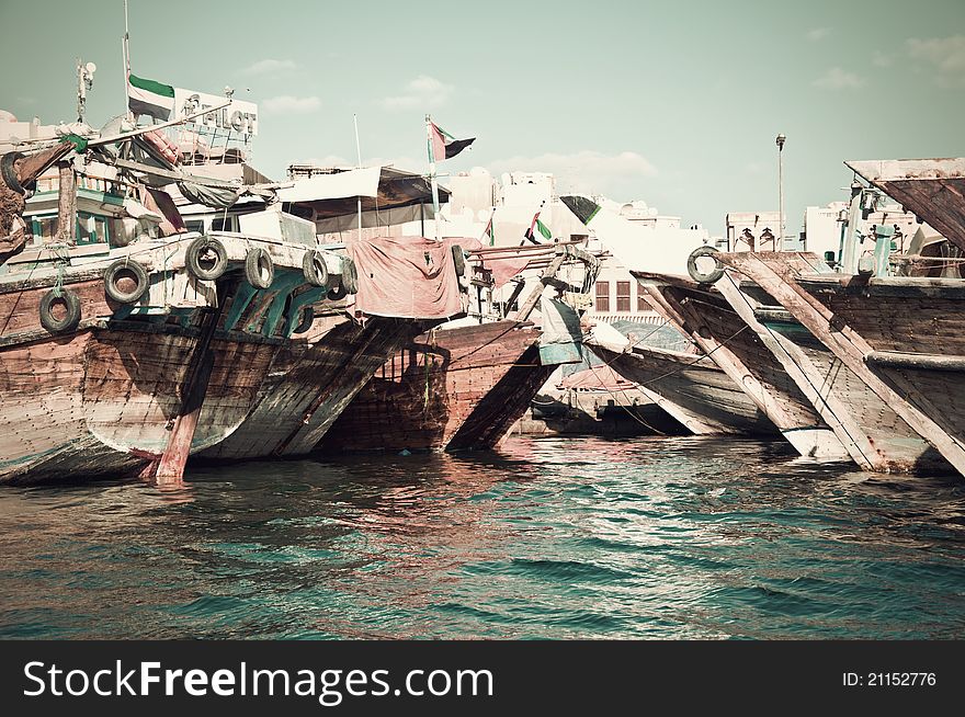 Old boats on the river of dubai abra.