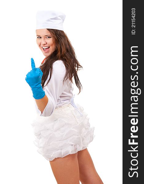 Young nurse showing middle finger