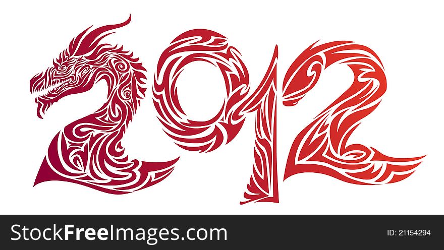 Stylized inscription 2012 decorated with dragon head. Stylized inscription 2012 decorated with dragon head