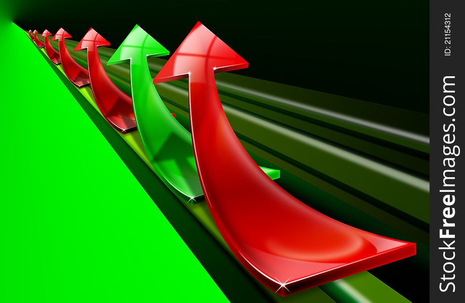 Arrows red and green curved upwards, the concept of economic success and business. Arrows red and green curved upwards, the concept of economic success and business