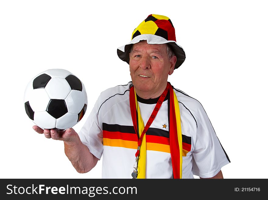 Senior soccer fan isolated on white background