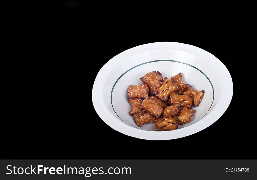 Close up of pretzel nuggets in a bowl.