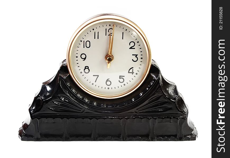 Old retro clock showing one minute past twelve. Isolated on white. Old retro clock showing one minute past twelve. Isolated on white.