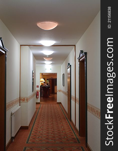 A long corridor in the hotel