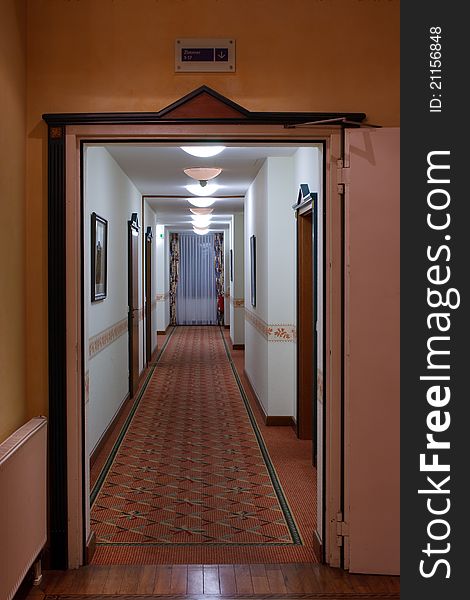 A long corridor in the hotel