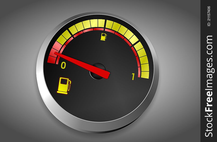 A fuel indicator from a car showing low level of it. A fuel indicator from a car showing low level of it