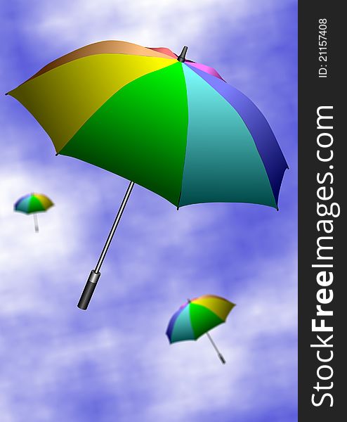 Colorful umbrellas flying up in the air with a blue sky in the background