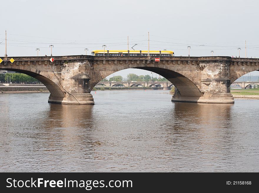 Tram on the bridge in Dresden. Germany