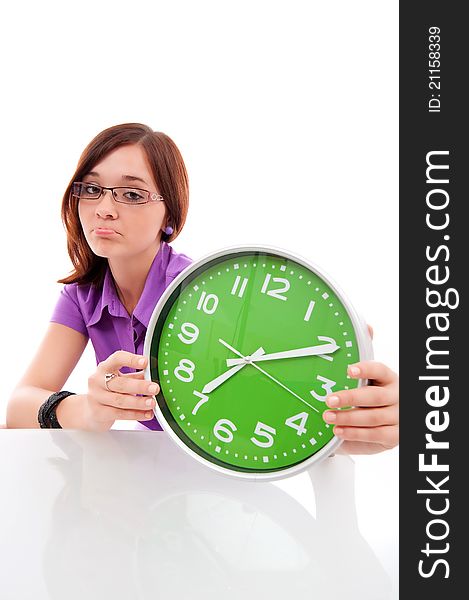 Woman holding big green clock