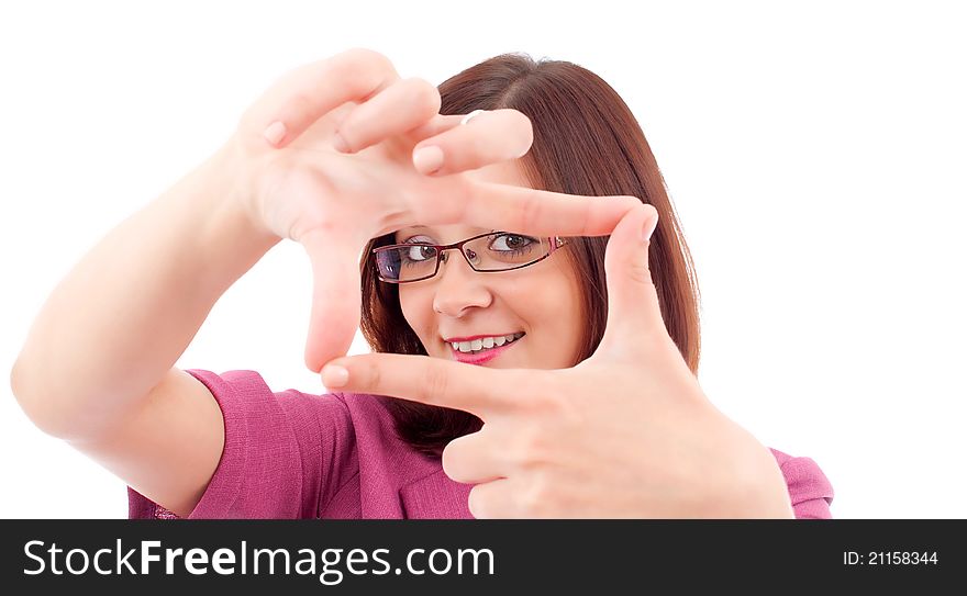 Portrait of young happy smiling business woman framing her face with hands
