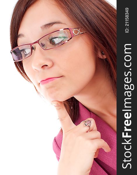 Thoughtful woman looking isolated over white background