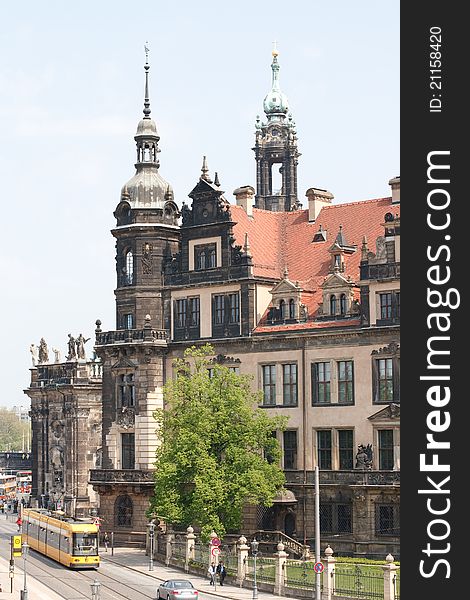 Old Street in Dresden. View of the Cathedral. Germany