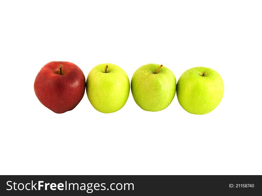 Line of green apples with one red apple on the white background