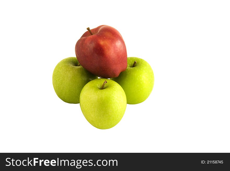 Red apple on the green apples on the white background