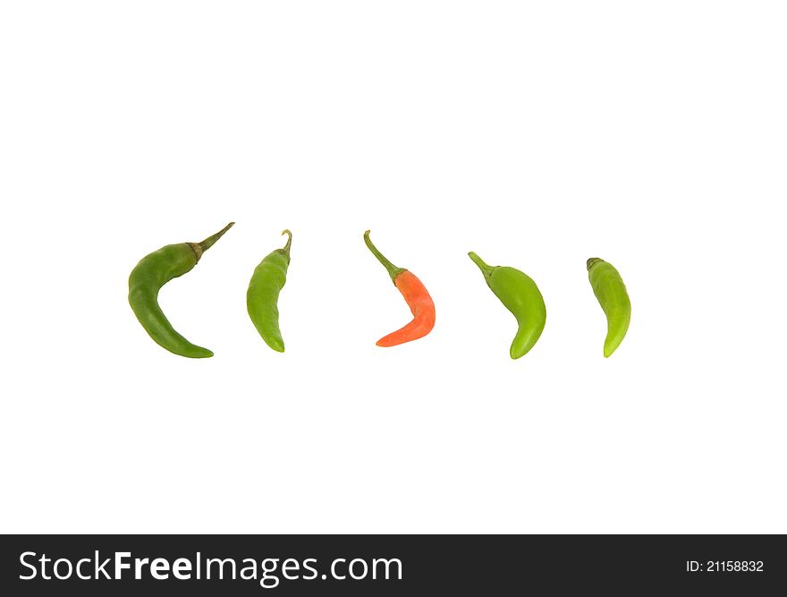 Green and red chilli on the white background
