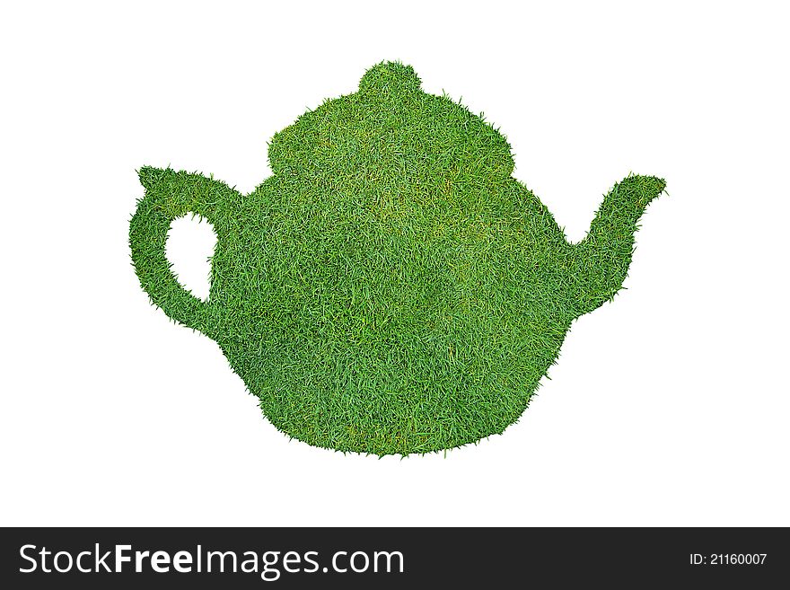 Teapot, covered with grass, on a white background. Concept, the idea. Teapot, covered with grass, on a white background. Concept, the idea