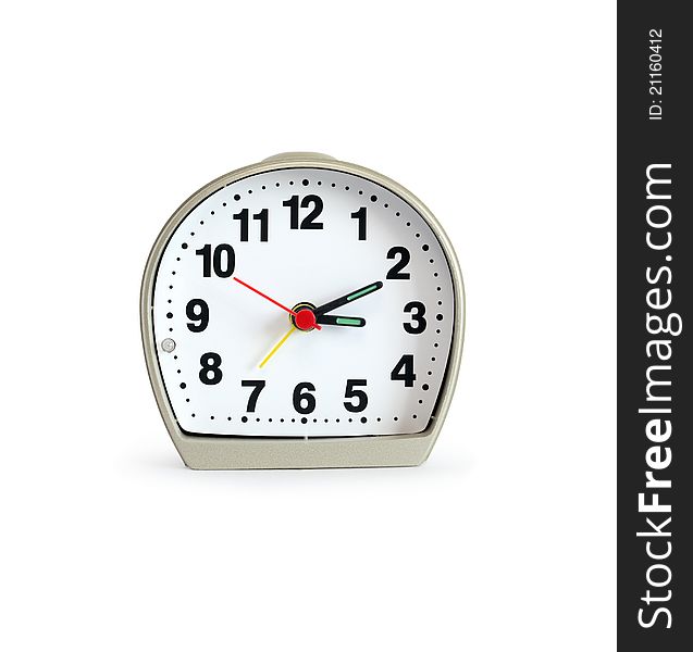 Ordinary modern alarm clock on white background. Isolated with clipping path