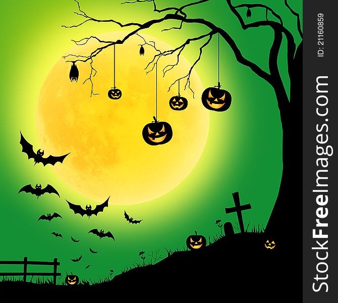Halloween tree, and pumpkins, bats and green on the lunar surface.