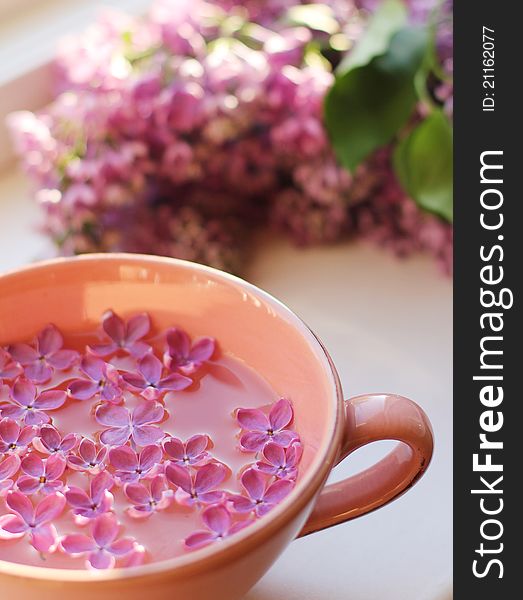 Lilac flowers floating in the cup of water