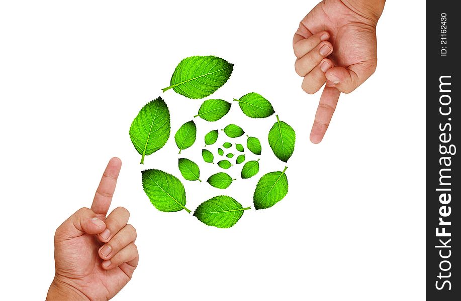 Hand pointing on green leaf circle on white background. Hand pointing on green leaf circle on white background