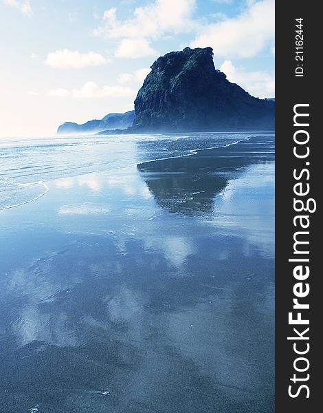 New Zealand. Cold air,blue sky, white clouds, all of flotation on the beach. New Zealand. Cold air,blue sky, white clouds, all of flotation on the beach