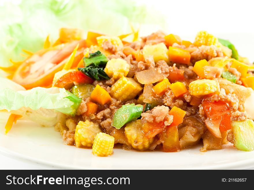 Stir Fried Noodle with Chicken on white background