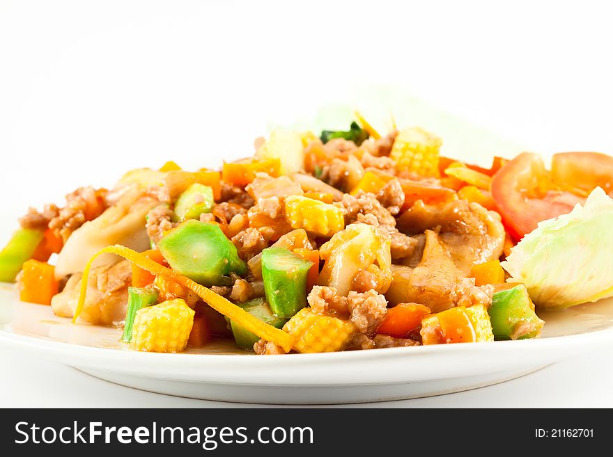 Stir Fried Noodle with Chicken on white background