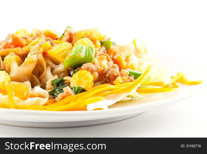 Stir Fried Noodle with Chicken on white background