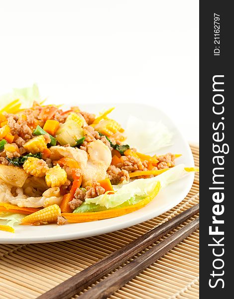 Stir Fried Noodle with Chicken on white background