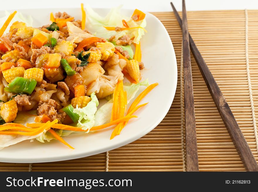 Stir Fried Noodle with Chicken on white background