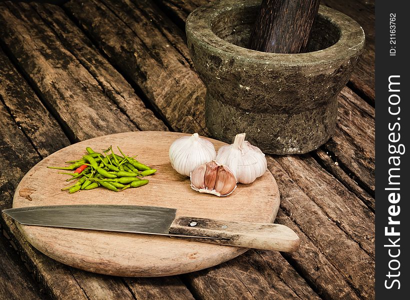 Mortar made from stone with chili, herbs and garlic