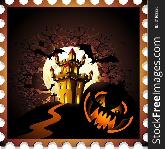 Halloween Stamp with a Black Pumpkin and a Castle on Moonlight. Halloween Stamp with a Black Pumpkin and a Castle on Moonlight